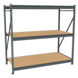 A metal storage shelf with three wooden tiers, featuring grey metal supports and open sides. The shelves are evenly spaced and ideal for organizing items in a garage, warehouse, or workshop.