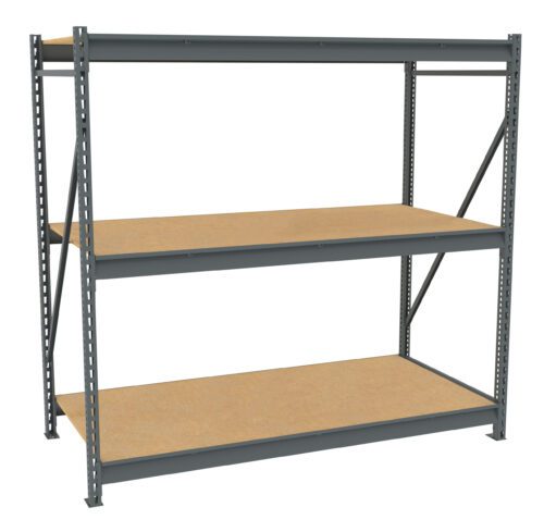 A metal storage shelf with three wooden tiers, featuring grey metal supports and open sides. The shelves are evenly spaced and ideal for organizing items in a garage, warehouse, or workshop.