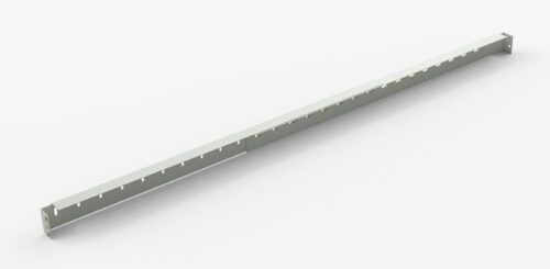 A long, thin, metallic beam with evenly spaced holes is placed against a white background.