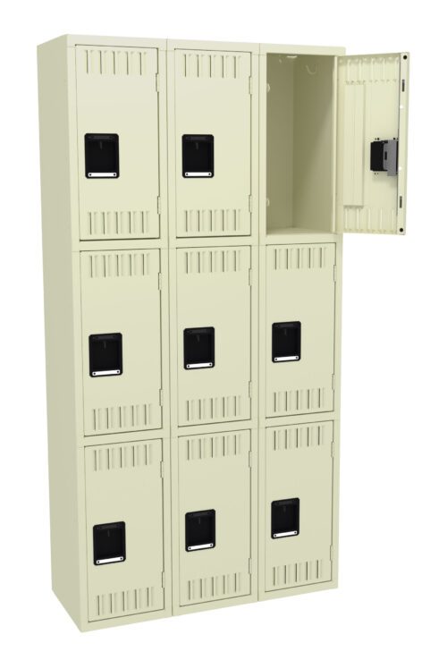 nmtfrqhccyrbofco0myt.jpg A beige nine-compartment locker unit with three rows and three columns. The top-right locker door is open, revealing the empty interior. Each locker has a black rectangular handle at the center.