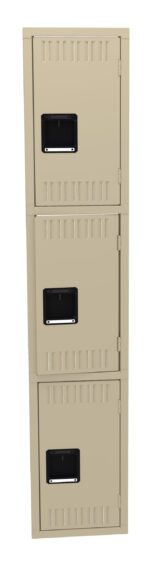 A tall, beige metal locker with three compartments, each featuring ventilation slots and a black handle with a nameplate holder. The locker doors are aligned vertically with visible hinges.