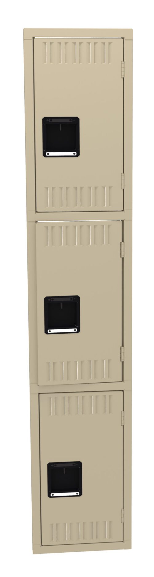 A tall, beige metal locker with three compartments, each featuring ventilation slots and a black handle with a nameplate holder. The locker doors are aligned vertically with visible hinges.