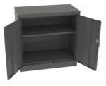 A gray two-door metal cabinet with both doors open, revealing two interior shelves. The cabinet is empty, and its simple design is visible.