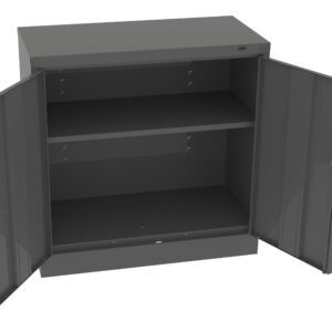 A gray two-door metal cabinet with both doors open, revealing two interior shelves. The cabinet is empty, and its simple design is visible.