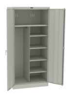 Gray metal storage cabinet with both doors open, revealing a hanging rod on the left and six shelves on the right. The interior is empty.