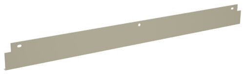 A long, thin, flat metal plate with a light gray color. It has three round holes evenly spaced along its length and a cut-out notch on one end. The plate is angled slightly, showing its smooth surface.