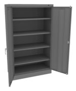 Open gray metal storage cabinet with five shelves and double doors. The left door is slightly ajar, revealing spacious interior shelving suitable for organizing tools or supplies.