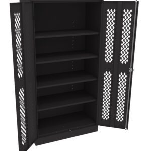 A black metal storage cabinet with open doors. The cabinet has four internal shelves and features diamond-patterned perforated designs on the door panels for ventilation.