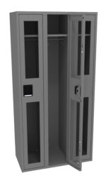 A three-compartment gray metal storage locker with transparent doors. The left and middle compartments are closed, while the right one is open, revealing a hanging rail inside. Each compartment has a rectangular handle.
