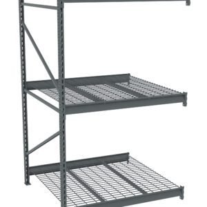 A gray, industrial metal shelving unit with three levels of grid shelves, supported by vertical beams with diagonal braces. The structure is sturdy and open, designed for heavy-duty storage purposes.