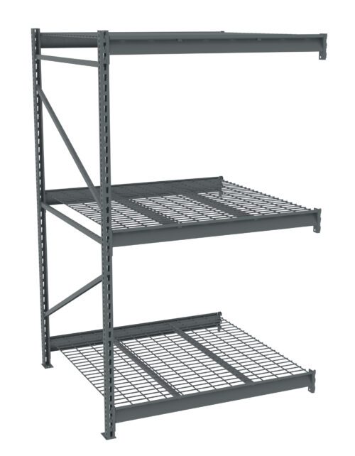 A gray, industrial metal shelving unit with three levels of grid shelves, supported by vertical beams with diagonal braces. The structure is sturdy and open, designed for heavy-duty storage purposes.
