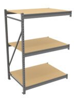 A metal storage rack with three wooden shelves. The frame is gray and features a cross-brace on the left side for stability. The shelves are evenly spaced and suitable for storing various items.