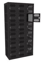 A black metal locker unit with 24 compartments arranged in a 4x6 grid. The lockers have a diamond-patterned mesh design. One locker door is open, showing the inside.