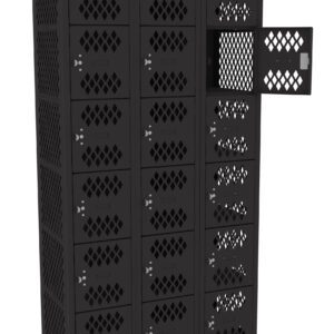 A black metal locker unit with 24 compartments arranged in a 4x6 grid. The lockers have a diamond-patterned mesh design. One locker door is open, showing the inside.