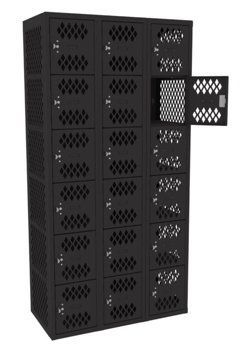 A black metal locker unit with 24 compartments arranged in a 4x6 grid. The lockers have a diamond-patterned mesh design. One locker door is open, showing the inside.