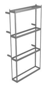 Steel shelving frame with four horizontal support beams and side brackets for wall attachment. The design is open and minimalistic, suitable for storage or organization in industrial or home settings. The frame appears sturdy and versatile.