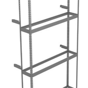 Steel shelving frame with four horizontal support beams and side brackets for wall attachment. The design is open and minimalistic, suitable for storage or organization in industrial or home settings. The frame appears sturdy and versatile.
