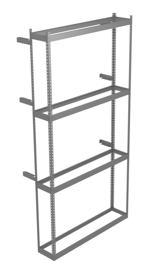 Steel shelving frame with four horizontal support beams and side brackets for wall attachment. The design is open and minimalistic, suitable for storage or organization in industrial or home settings. The frame appears sturdy and versatile.