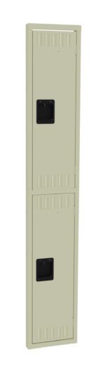A tall, beige double locker with two compartments, featuring vents and black handles on each door. The locker is standing upright against a white background.