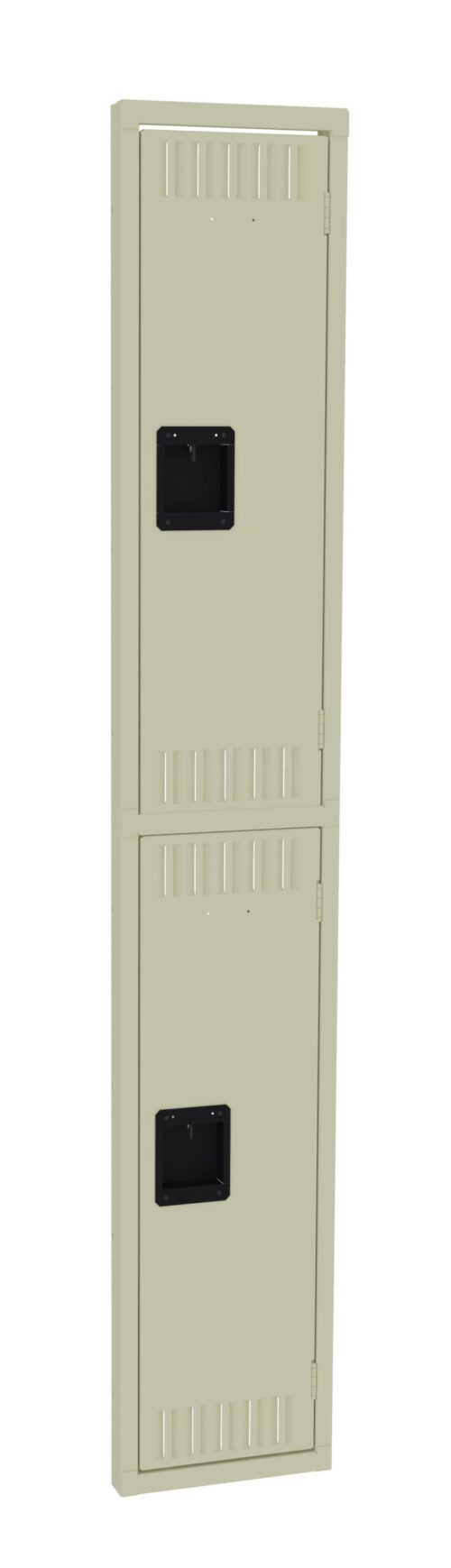 A tall, beige double locker with two compartments, featuring vents and black handles on each door. The locker is standing upright against a white background.