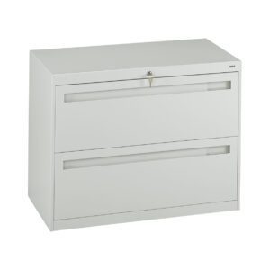 A white, metal filing cabinet with two drawers and a small lock at the top. The cabinet has a minimalist design, with horizontal handles integrated into each drawer.