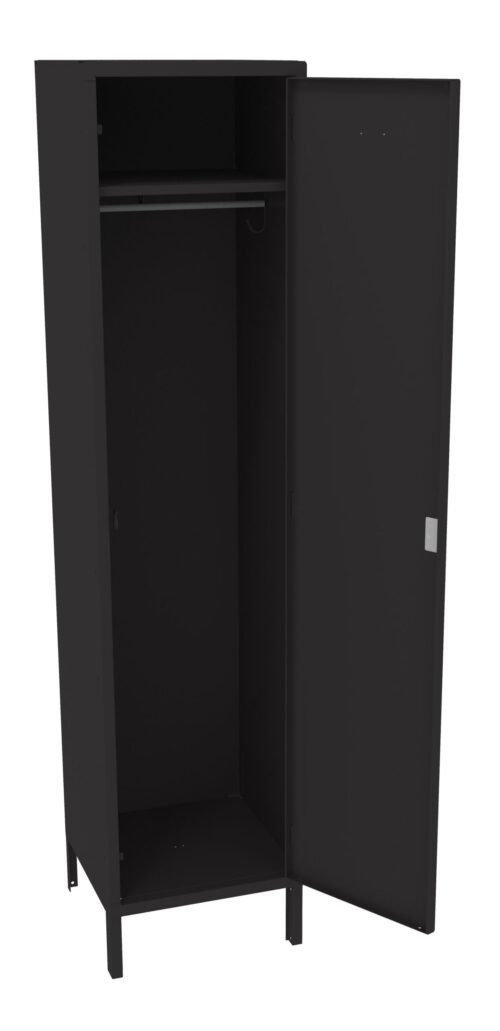 A tall, black metal locker with one open door showing an empty interior. Inside, there is a single horizontal rod near the top for hanging clothes. The locker stands on four small legs.