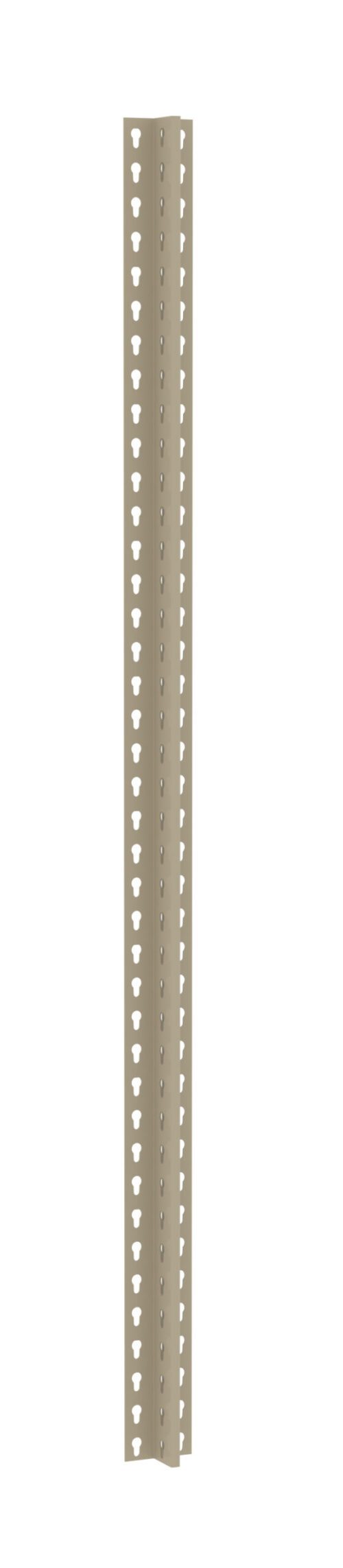 A vertical beige metal strip with multiple holes arranged in two parallel rows. The strip is straight and appears to be used for support or as a connector, possibly in shelving or construction. The background is plain white.