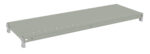 A long, flat, rectangular metal shelf with a light gray finish. It features evenly spaced holes along its surface and has brackets on each corner for mounting or support.