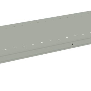 A long, flat, rectangular metal shelf with a light gray finish. It features evenly spaced holes along its surface and has brackets on each corner for mounting or support.