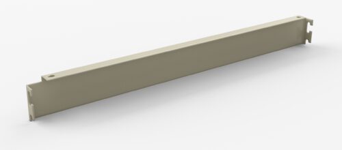 A long, rectangular beige metal bracket with two holes at each end and subtle hooks on the top and bottom. It is positioned diagonally on a plain white background.