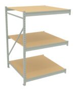 A metal shelving unit with three beige wooden shelves, arranged in a staggered alignment. The frame is silver, with vertical supports and a diagonal brace on the left side. The shelves are evenly spaced.