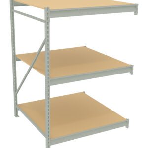 A metal shelving unit with three beige wooden shelves, arranged in a staggered alignment. The frame is silver, with vertical supports and a diagonal brace on the left side. The shelves are evenly spaced.