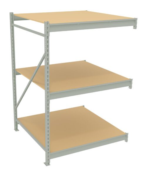 A metal shelving unit with three beige wooden shelves, arranged in a staggered alignment. The frame is silver, with vertical supports and a diagonal brace on the left side. The shelves are evenly spaced.