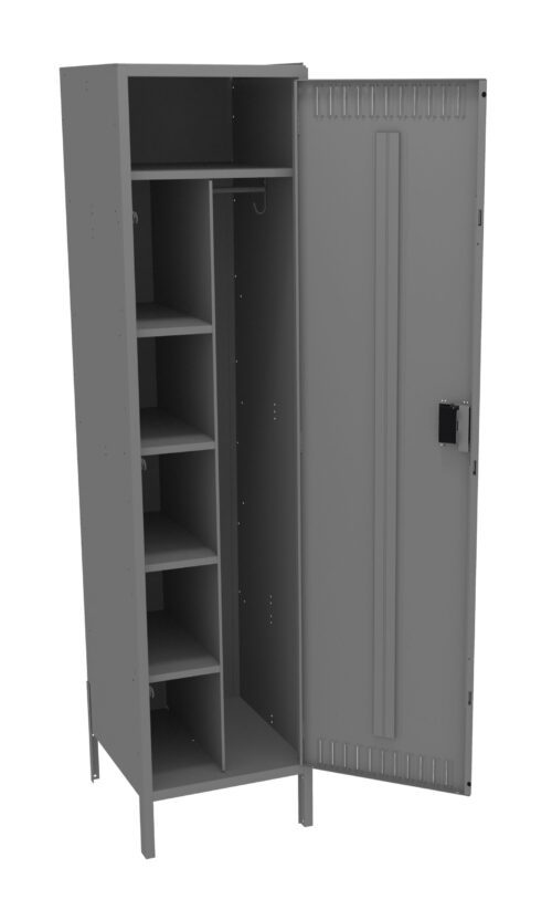 A gray metal storage cabinet with an open door, revealing four shelves on the left side and a hanging rod on the right. The cabinet has a lock on the door handle and stands on small legs.