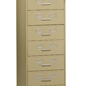 A beige, six-drawer filing cabinet with silver handles and label slots. The cabinet is upright and closed, with a keyhole on the top right. Its positioned against a plain white background.