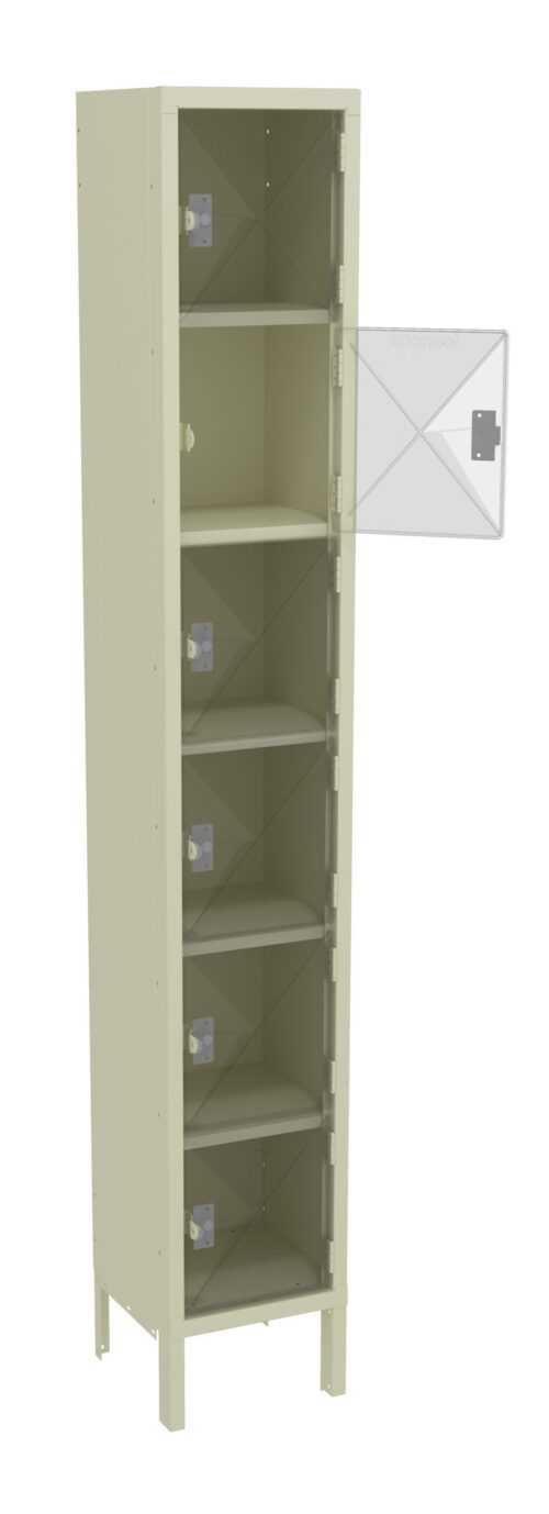 A tall, beige metal storage cabinet with five shelves is shown. The cabinet door is partially open, revealing the empty interior shelves. The cabinet stands on four legs and has a minimalist design.
