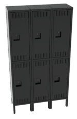 A black metal locker unit with two rows and three columns of individual lockers, each with a vented door and a keyhole. The lockers are placed on short legs, elevating them off the ground.