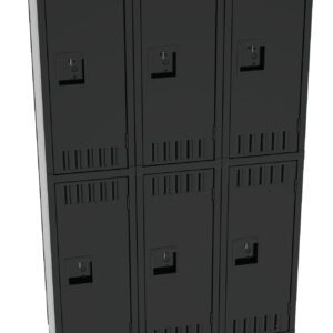 A black metal locker unit with two rows and three columns of individual lockers, each with a vented door and a keyhole. The lockers are placed on short legs, elevating them off the ground.