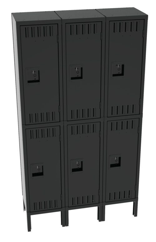 A black metal locker unit with two rows and three columns of individual lockers, each with a vented door and a keyhole. The lockers are placed on short legs, elevating them off the ground.