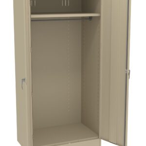 A beige metal storage cabinet with one door open, revealing an empty interior. Inside, theres a single shelf near the top and a hanging rod beneath it. The exterior has a plain design with a handle on the right door.