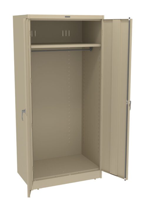 A beige metal storage cabinet with one door open, revealing an empty interior. Inside, theres a single shelf near the top and a hanging rod beneath it. The exterior has a plain design with a handle on the right door.