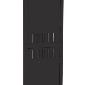 A tall, black, metal locker with two compartments stacked vertically, each featuring a small rectangular handle and ventilation slots. The locker doors are closed.