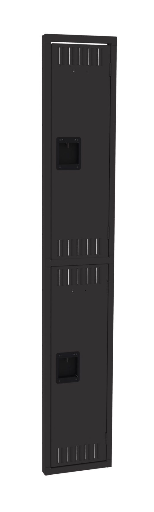npzchadwrcxtmbc8ujuf.jpg A tall, black, metal locker with two compartments stacked vertically, each featuring a small rectangular handle and ventilation slots. The locker doors are closed.