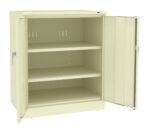 A beige metal cabinet with two open doors revealing two adjustable shelves inside. The cabinets interior is empty, and there are handles on each door.
