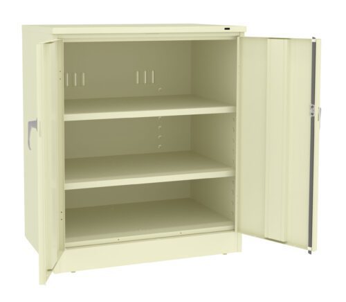 A beige metal cabinet with two open doors revealing two adjustable shelves inside. The cabinets interior is empty, and there are handles on each door.