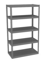 A gray metal shelving unit with five evenly spaced shelves, suitable for storage or organizing items. The shelves are rectangular, and the unit is freestanding, designed for use in garages, warehouses, or storage rooms.