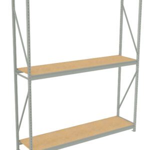 Metal storage rack with two wooden shelves and gray frame. The shelves have horizontal and diagonal metal supports for stability. The design is simple and utilitarian, suitable for garages or warehouses.