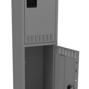 A 3D rendering of a gray metal locker with two compartments. The top compartment is closed, while the bottom compartment is open, showing an empty interior. The locker is designed with ventilation slots on the doors.