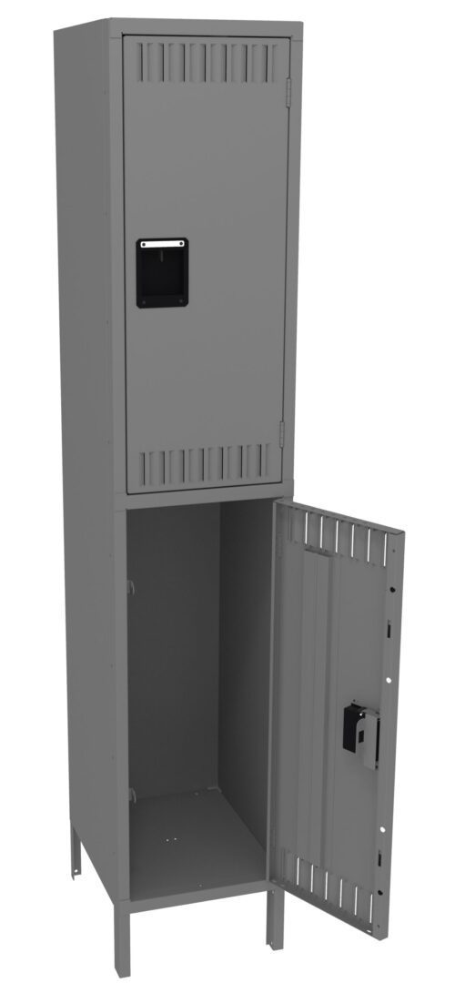 A 3D rendering of a gray metal locker with two compartments. The top compartment is closed, while the bottom compartment is open, showing an empty interior. The locker is designed with ventilation slots on the doors.
