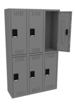 Gray metal locker with six compartments arranged in two rows of three. The lockers have ventilation slots and black handles. The top right compartment door is open, revealing an empty interior.